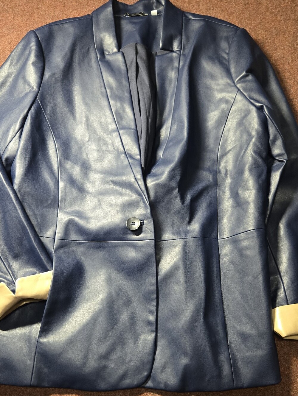 Chico's Women's Navy Faux Leather Blazer Jacket With Tan Cuffs Size 10